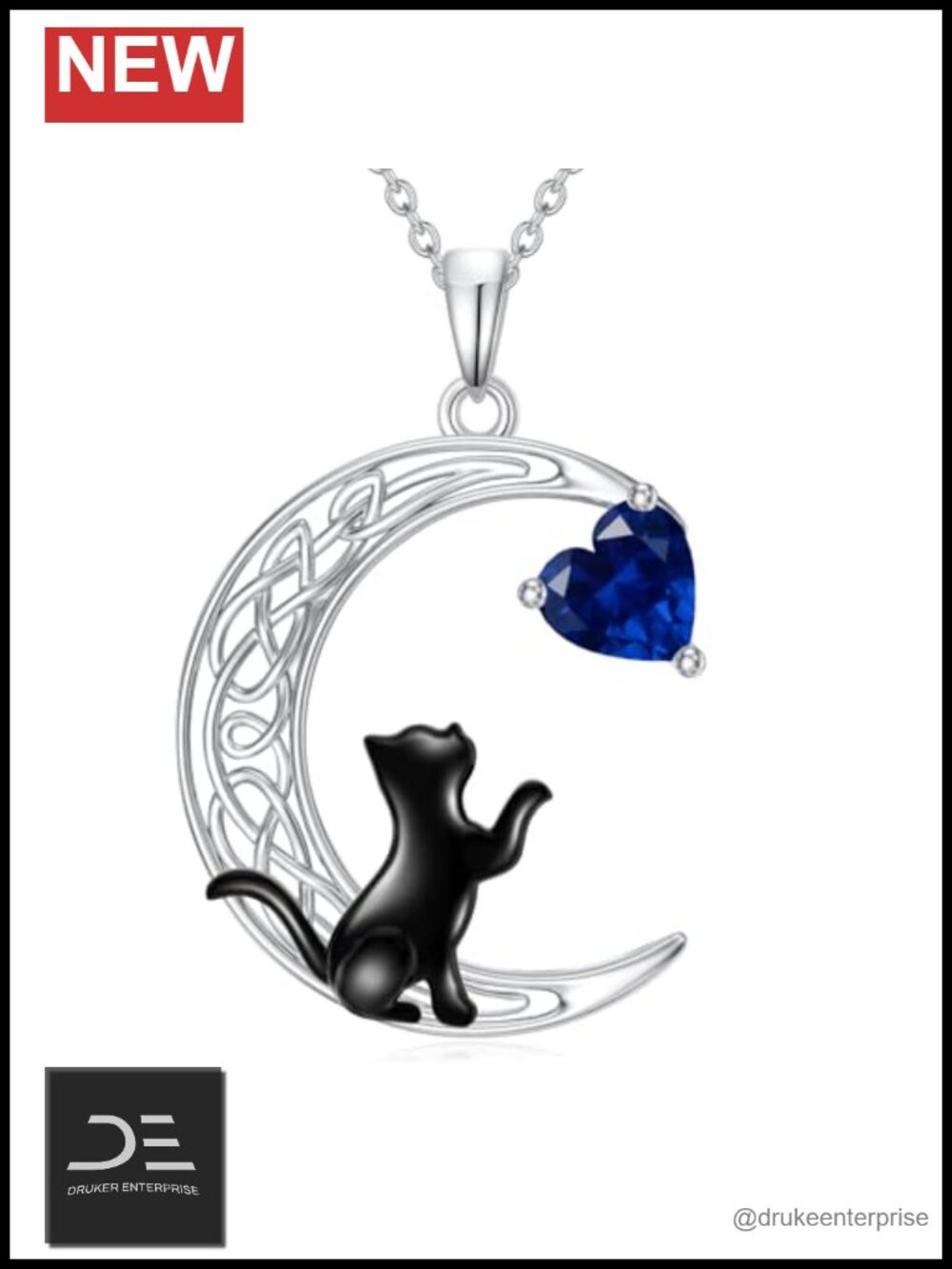 925 Sterling Silver Black Cat Necklace Celtic Moon Birthstone Jewelry for Women